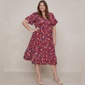 Junarose Burgundy Red Floral V-Neck Midi Dress Ruffle SIZE US 22